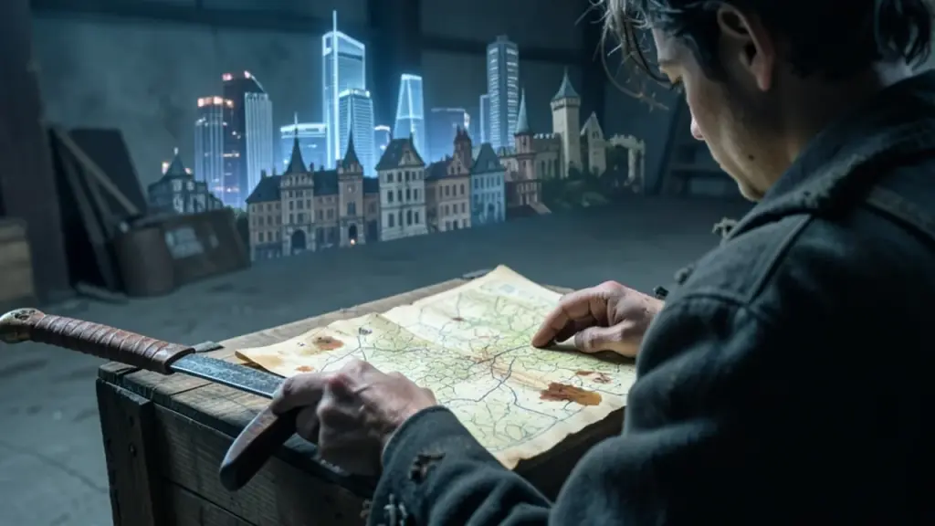 Close-up of Makoto Daito with map, ship setting fades into city silhouettes.