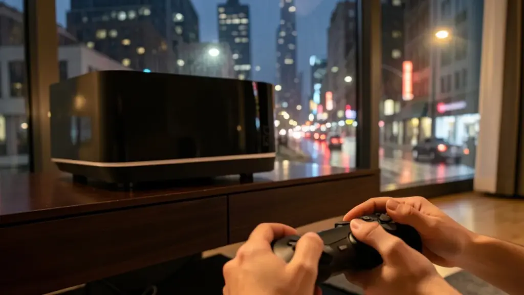 Gamer in a cozy room ready for a cinematic journey.