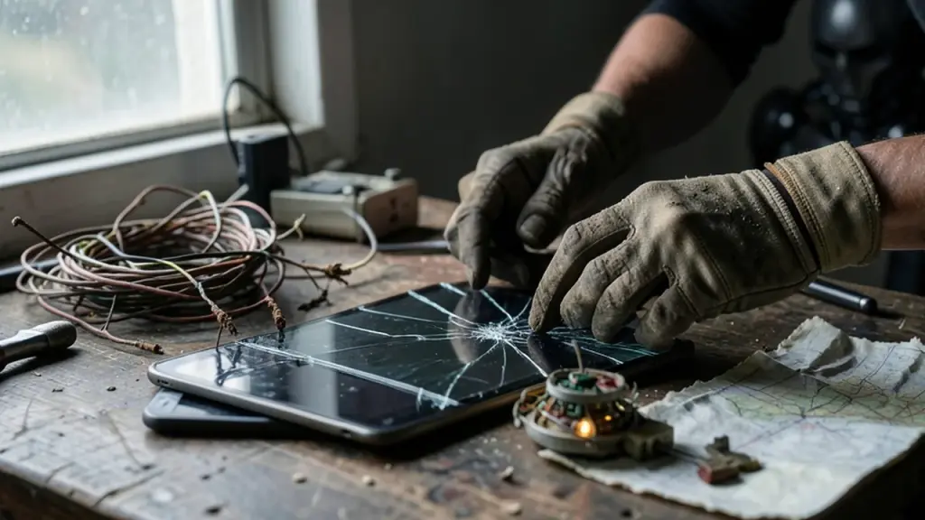 Hands arranging salvage tech in a dim base.