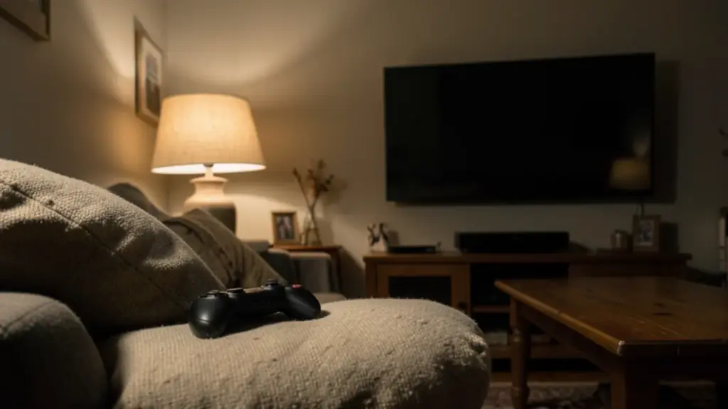Game controller on a sofa in a dim living room