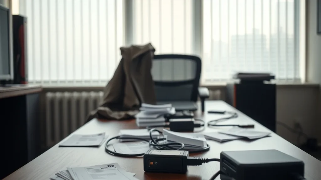 Desk and meeting table with disconnected backup drive and invoices, jacket on chair