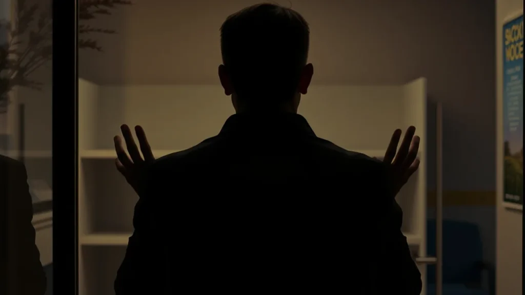 Silhouette of small-business owner looking into closed office with dark laptop and backup drive