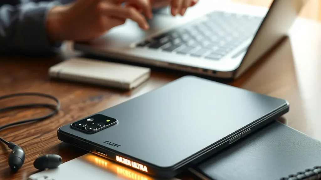 Razr Ultra folded on café table with AI Key rim-lit