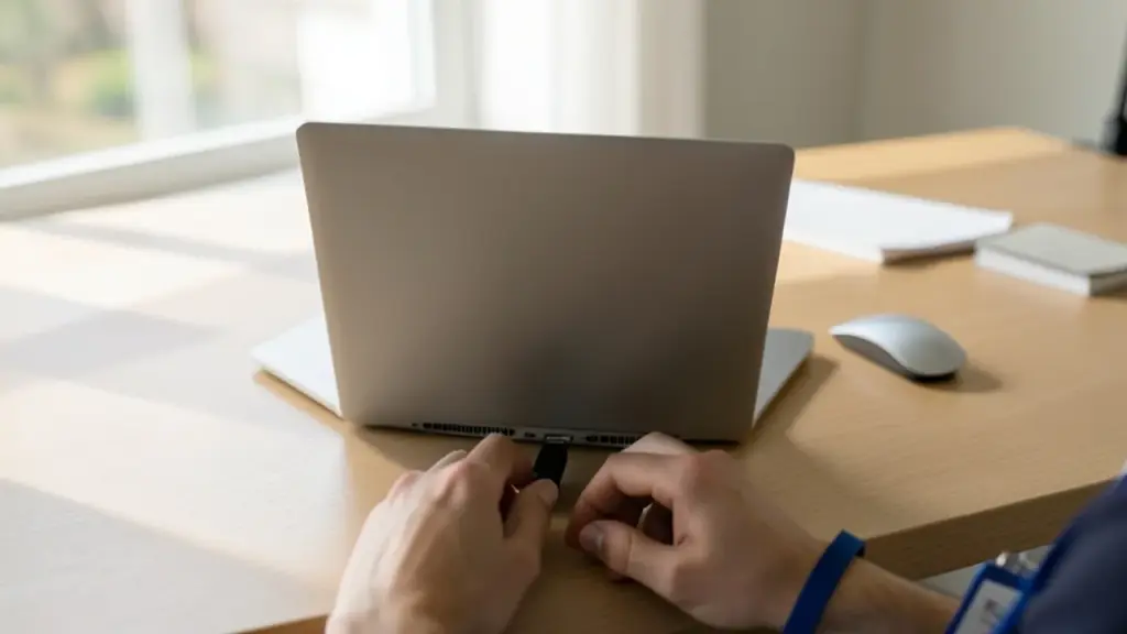 USB key for PC login in a secure home office scene.
