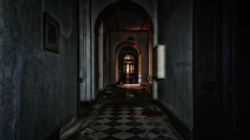 Dark, moody corridor scene from a horror game