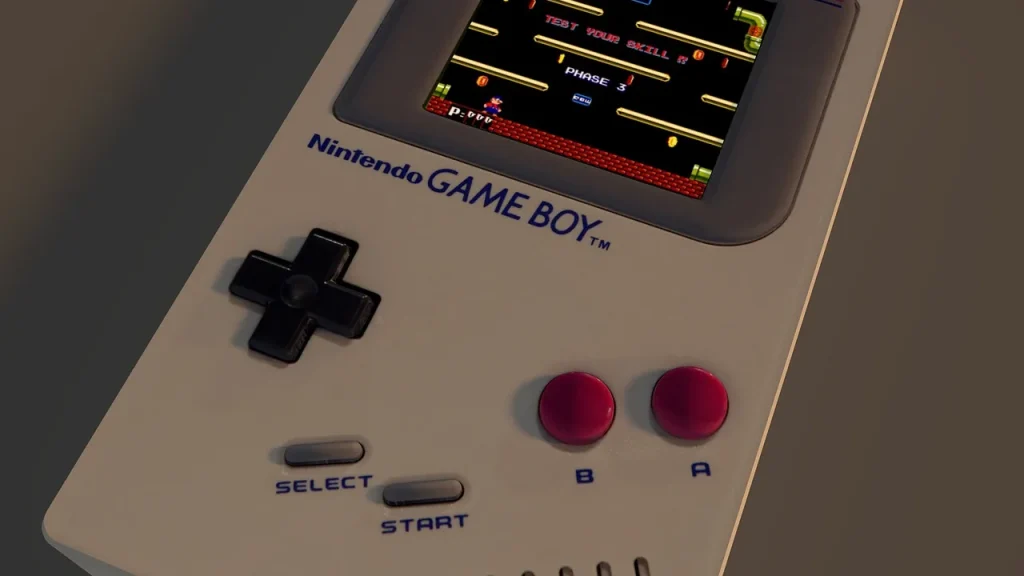 Close-up of a retro handheld device with a small screen
