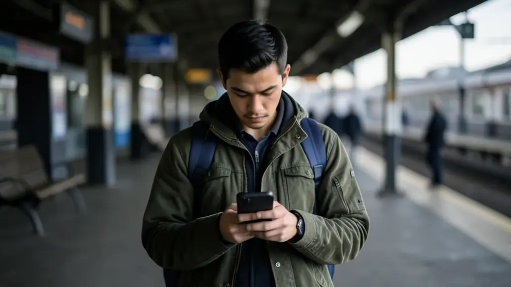 A commuter checking a phone on a train platform in the morning