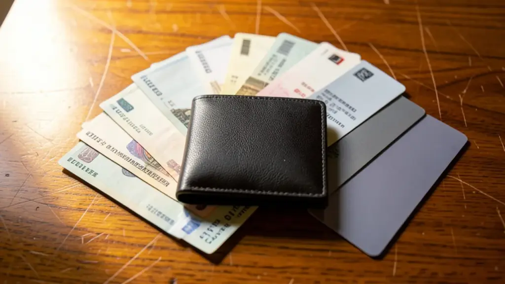 A wallet with cash and two payment cards on a table