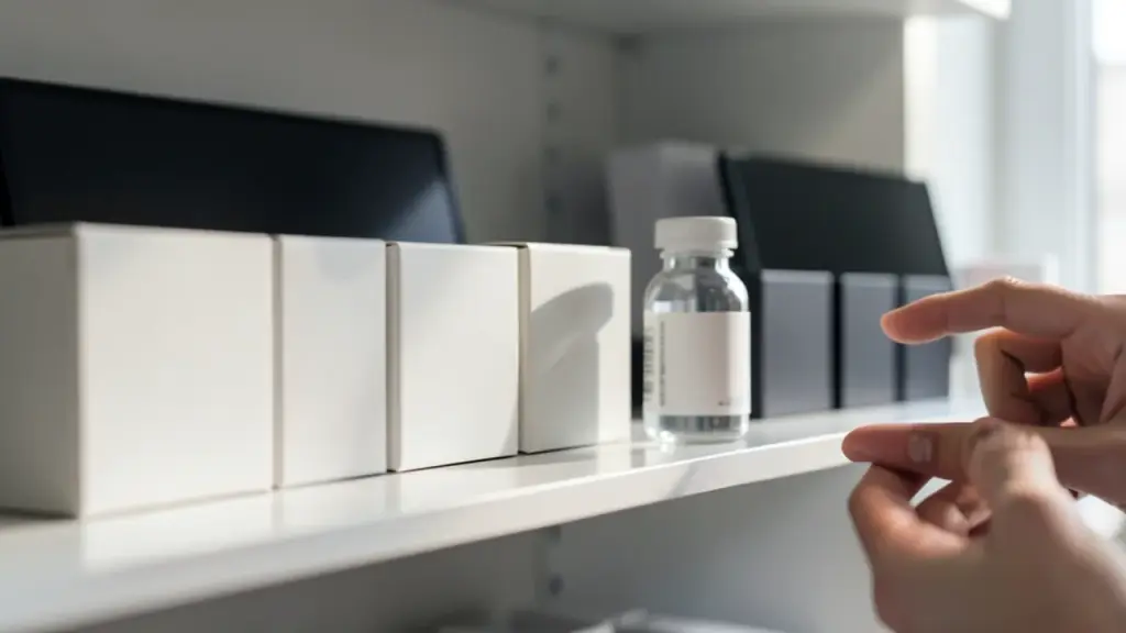 Pharmacy shelf with unmarked bottles and careful handling.