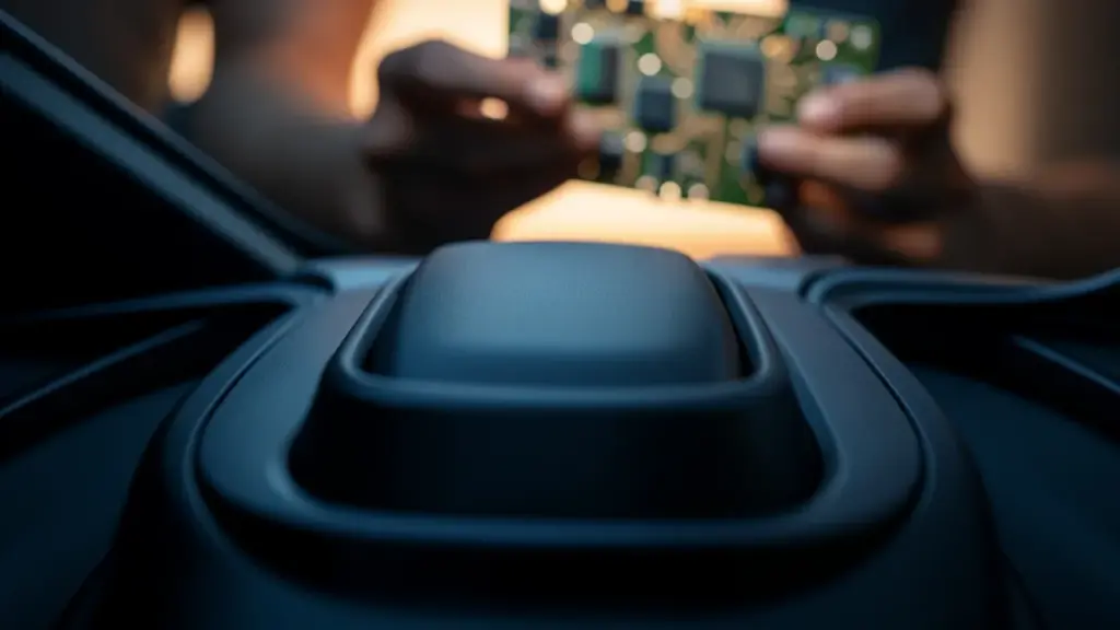 Hands and hardware module suggesting in-house silicon work.