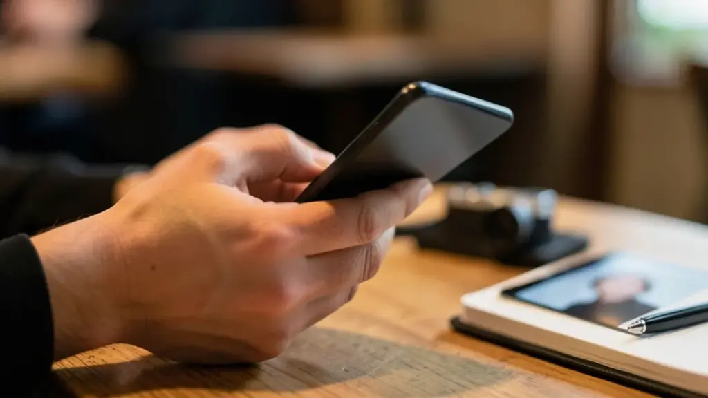 Close-up hands with phone in a cafe, discreet camera and investigation setup.