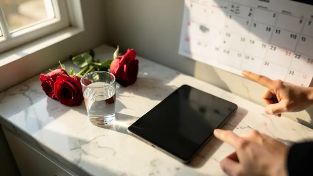 Kitchen scene implying an undercover romance scam setup.