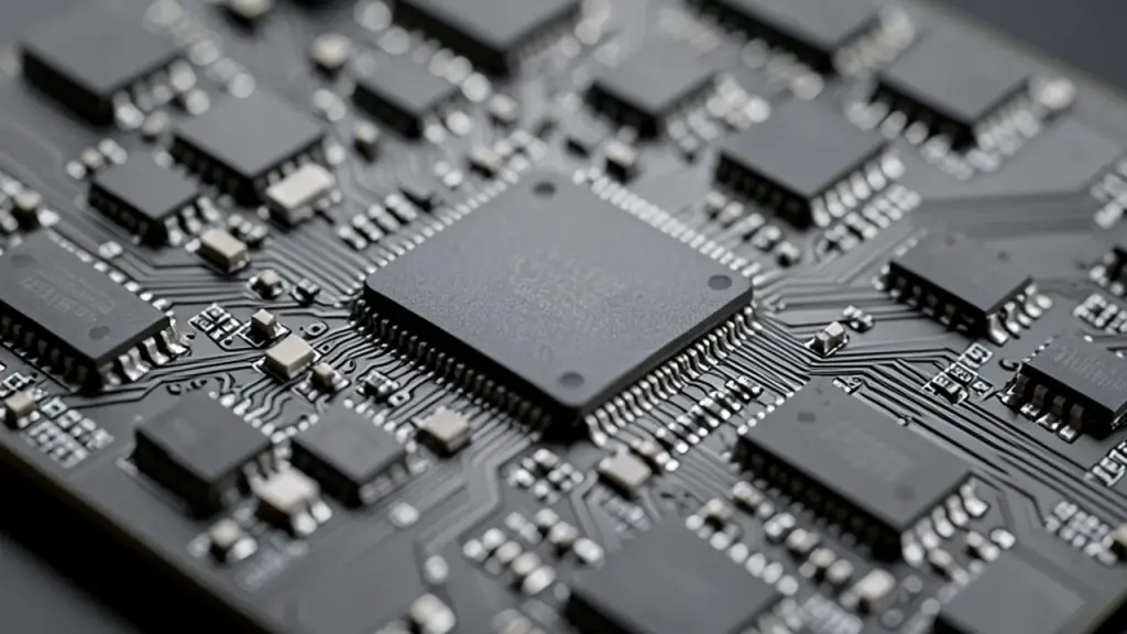 Close-up of memory chips on a graphics card circuit board