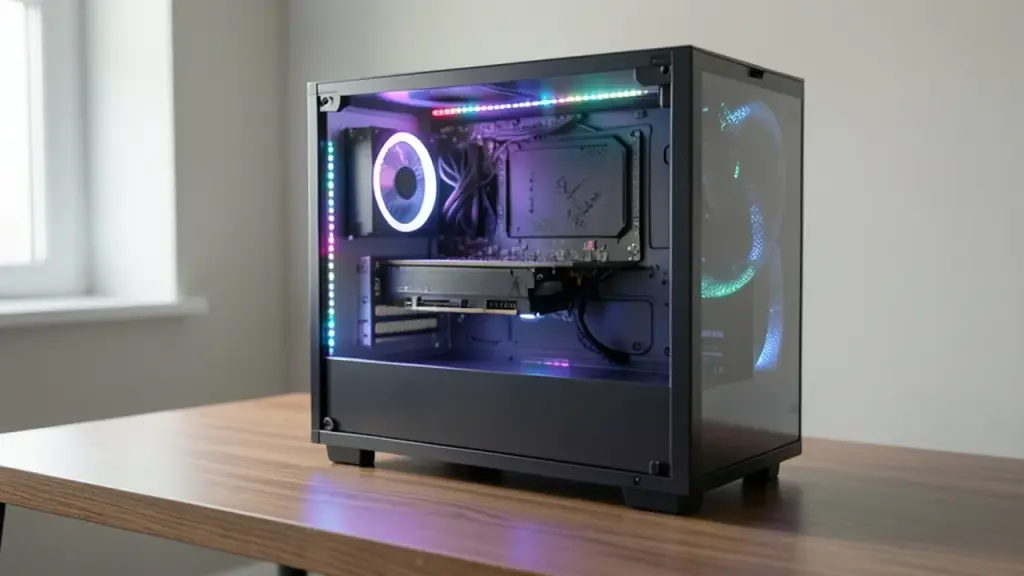 An open gaming PC with an empty graphics card slot