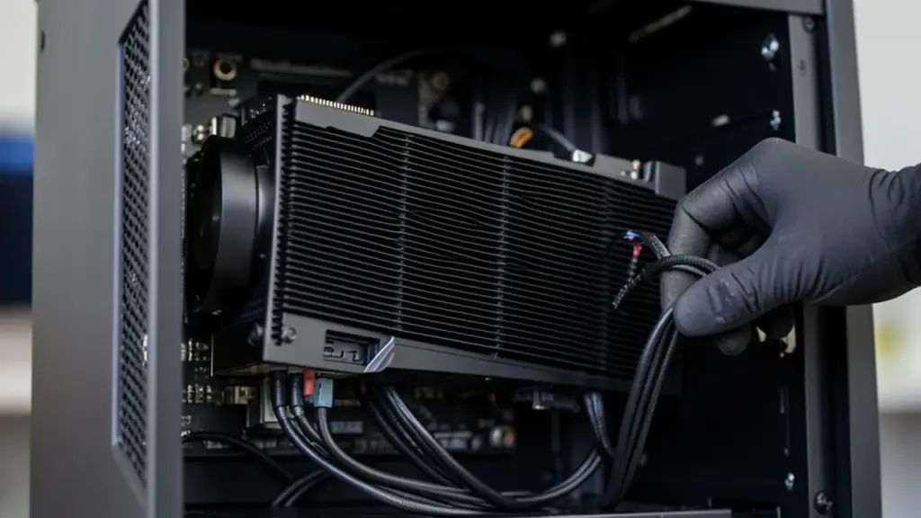 Close view of GPU installation and power connectors.