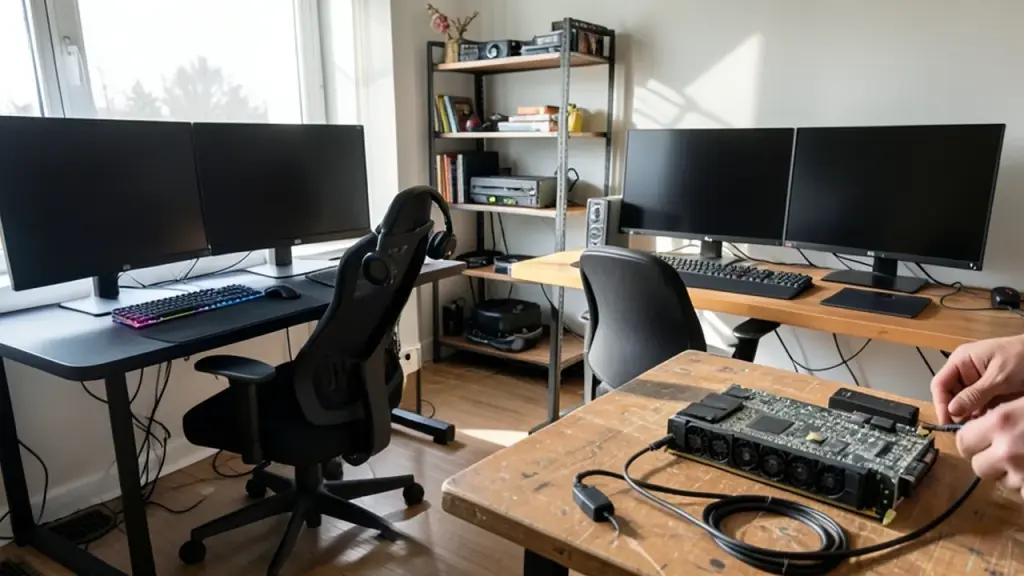 Over-the-shoulder view of a setup with GPU and workbench.