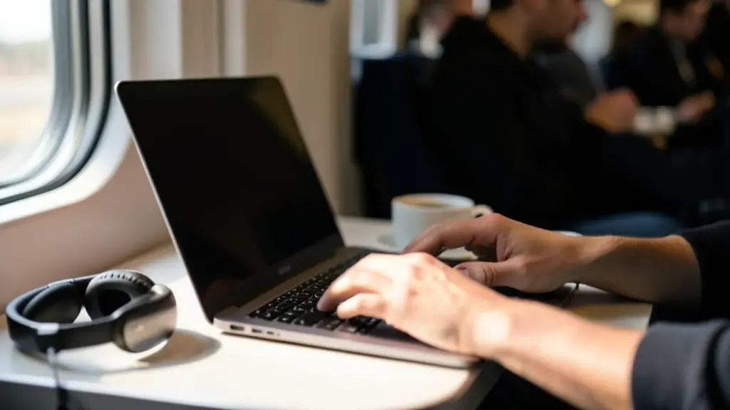 Commuter typing on compact laptop on train, screen dark, hands visible