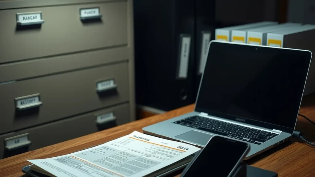Nighttime desk with closed laptop, phone dock, and printed morning briefing indicating automated tidy chores