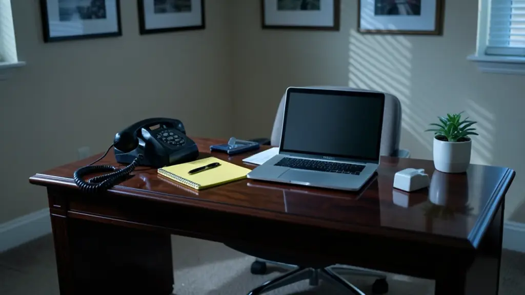 Desk with a ringing office phone, notepad and closed laptop