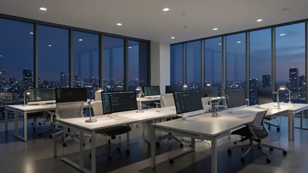 A marketing office at dusk with blurred dashboards on large monitors