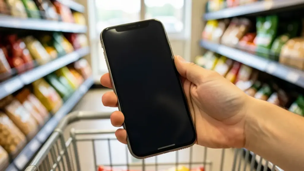 A hand holding a phone over a shopping basket in a grocery aisle