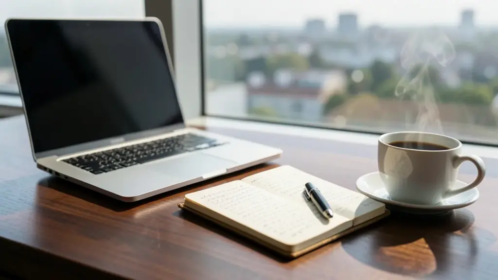 A desk with a laptop, a handwritten notebook and coffee in morning light