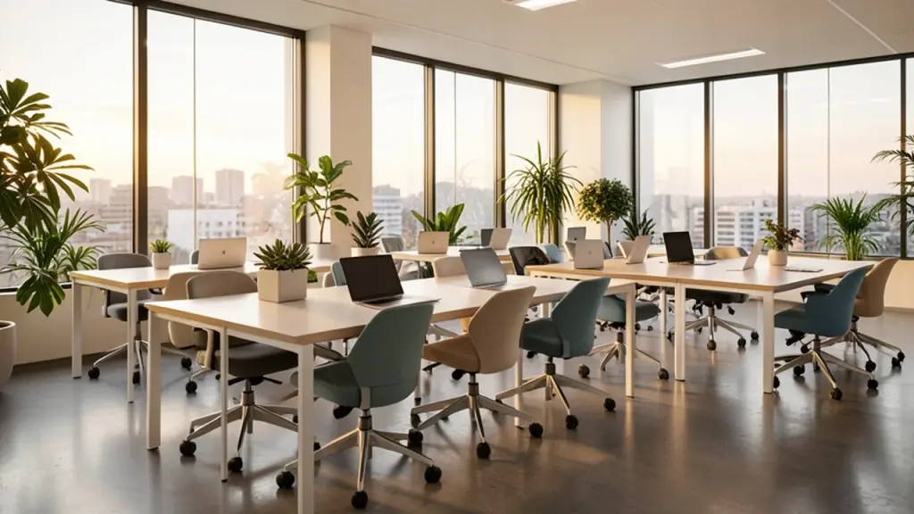 A modern coworking space with shared tables and laptops at dusk