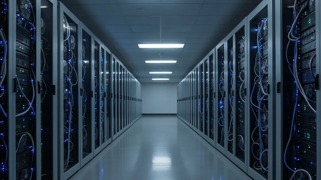Rows of server racks in a data center