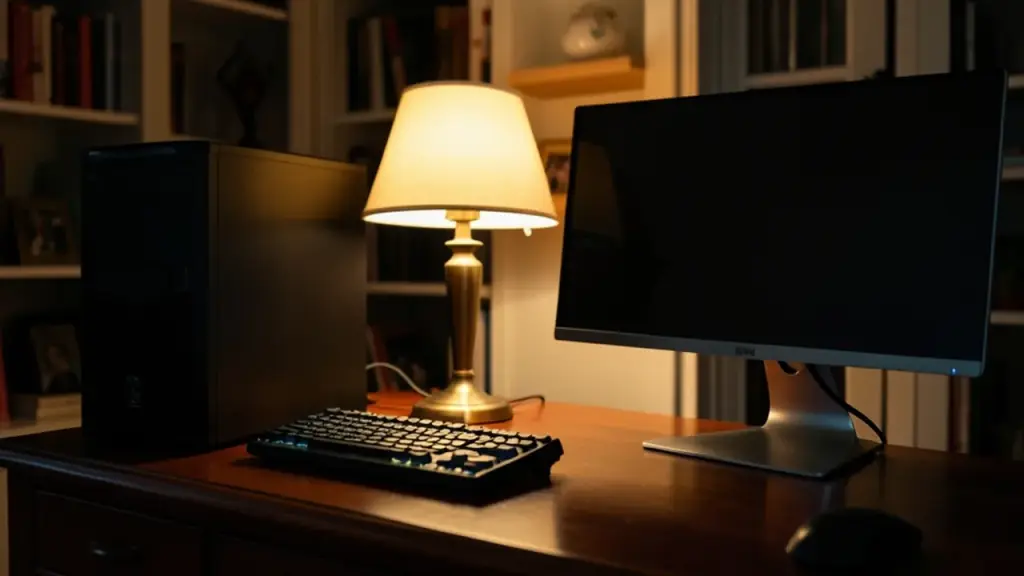 A desktop computer on a home desk at night