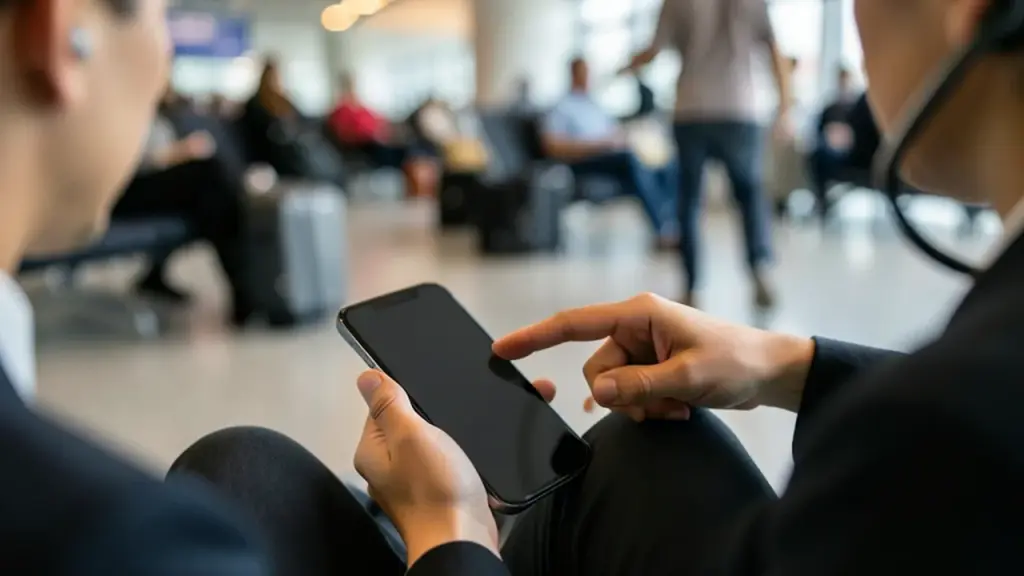 Hands holding headset and phone in airport seating, pointing hand nearby