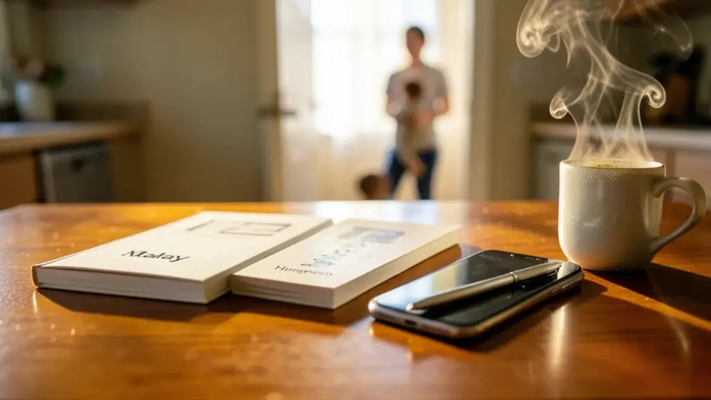Kitchen table with language books, phone, mug in warm morning light