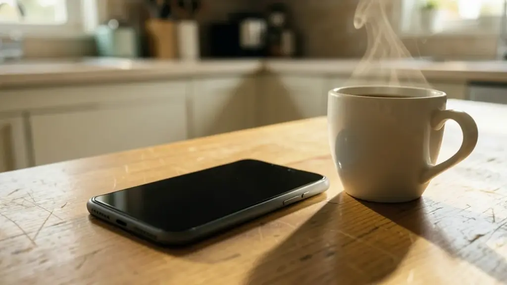A smartphone on a breakfast table beside a coffee cup