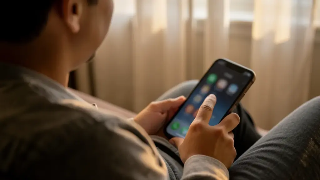 A person adjusting a phone home screen on a couch