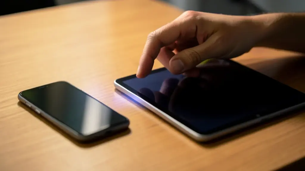 Close-up of multi-device flow with muted screens and hand interaction.