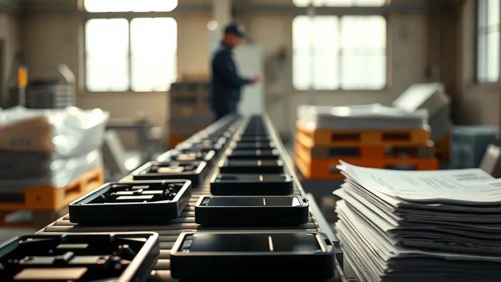Conveyor with fewer phone chassis spaced apart, technician silhouette watching