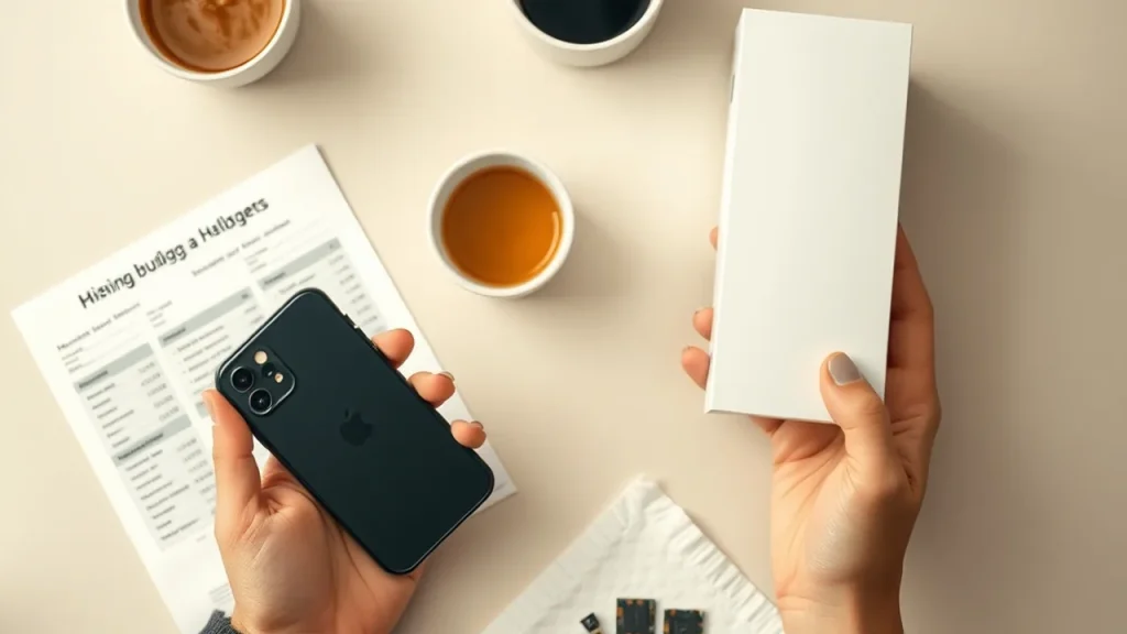 Hands comparing older phone and boxed new phone on kitchen table with budget and memory chips