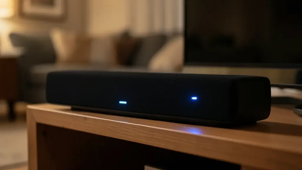 Close-up of a soundbar with a small glowing light