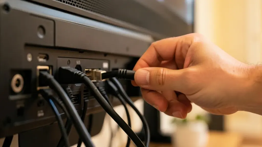 A hand unplugging a network cable from the back of a TV