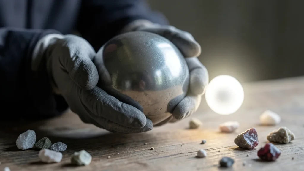 Gloved hands holding metallic pebble above glowing white dwarf model