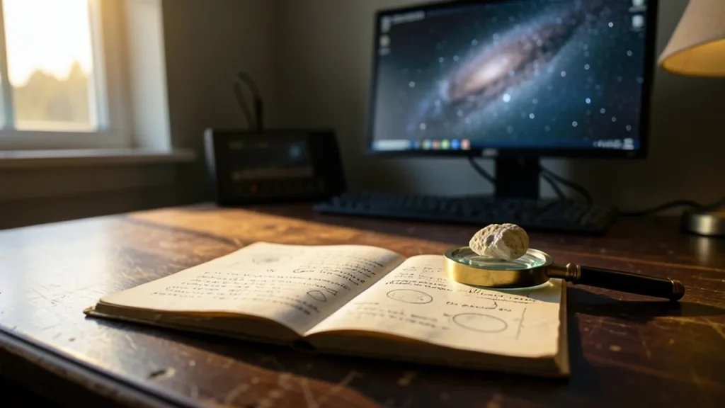 Hobbyist desk with metallic rock under magnifier and blurred starfield monitor