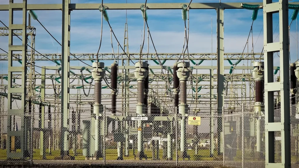 Power substation with transformers and high-voltage lines