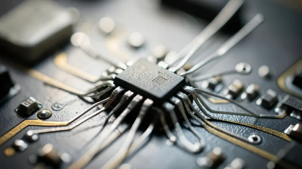 A tiny silicon chip with fine bonding wires under a microscope