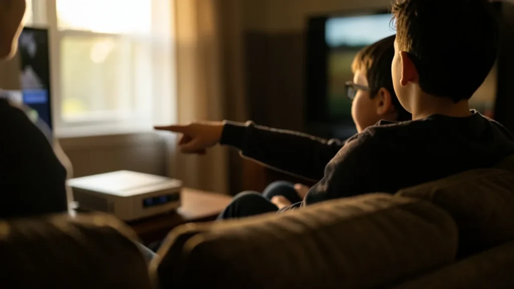 Two people on couch pointing toward TV area with set-top box in foreground