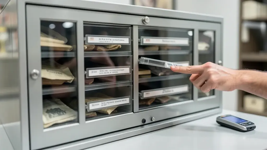Archivist hand selecting a drawer in a glass cabinet.