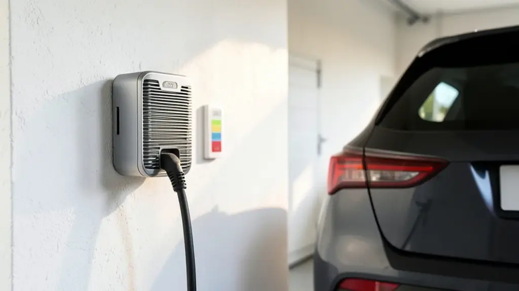Garage charging with emphasis on temperature and cooling, no screens.