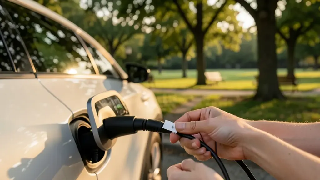 Curbside charging etiquette for longevity, golden hour lighting.