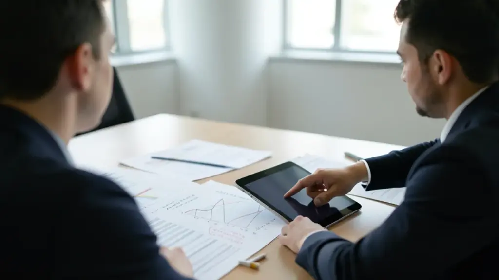 Researchers at table with cigarettes and tablet face-down in daylight meeting room