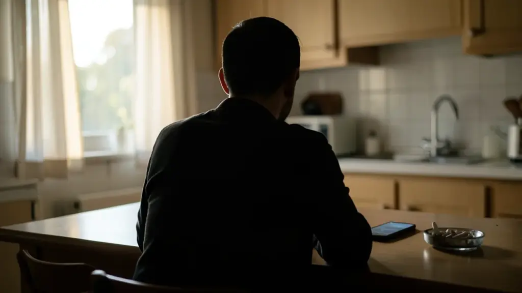 Person at kitchen table with smartphone face-down and nearby ashtray with cigarettes
