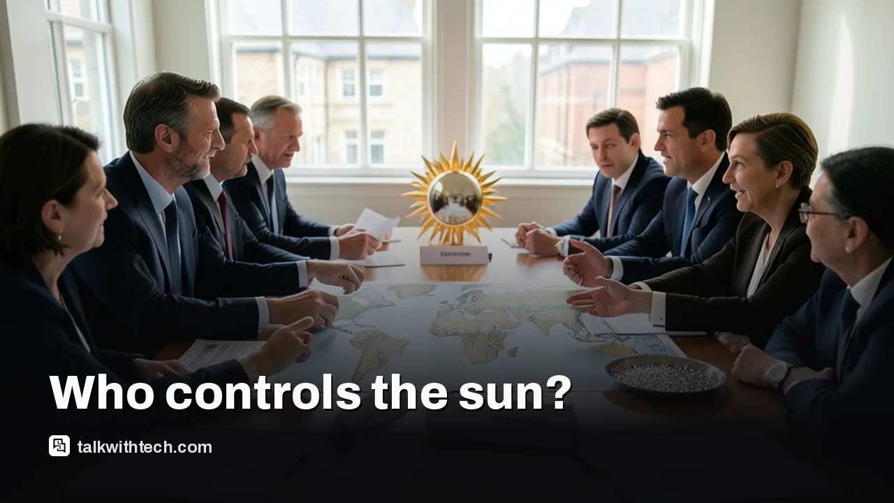 Hands gesturing over a tabletop map and sun model in a tense conference room.
