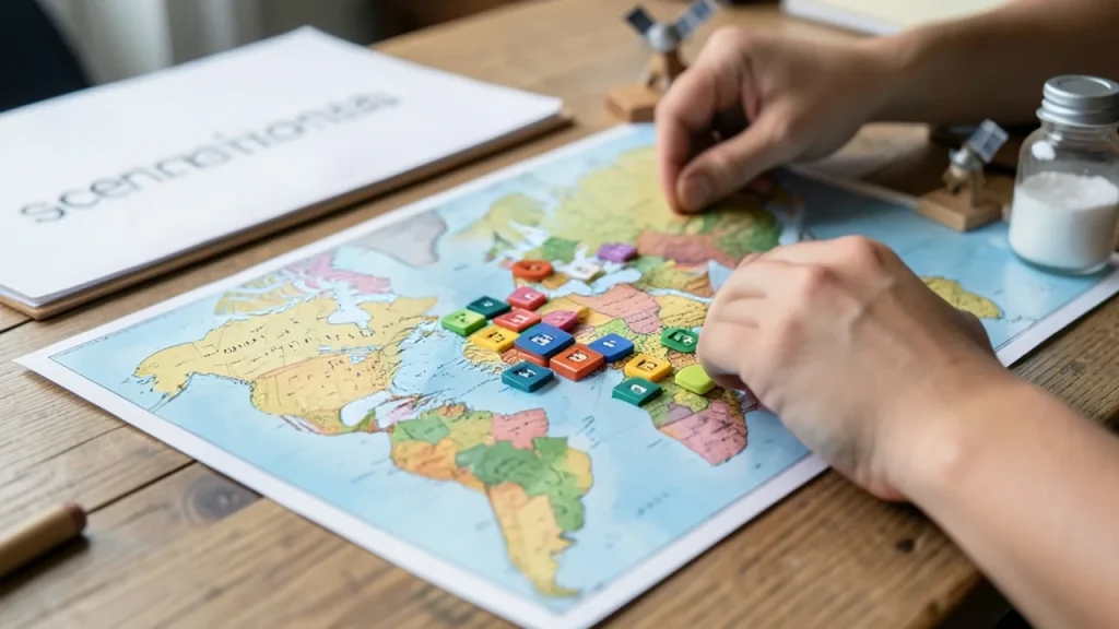 Hands moving colored tokens on a world map during a tabletop exercise.
